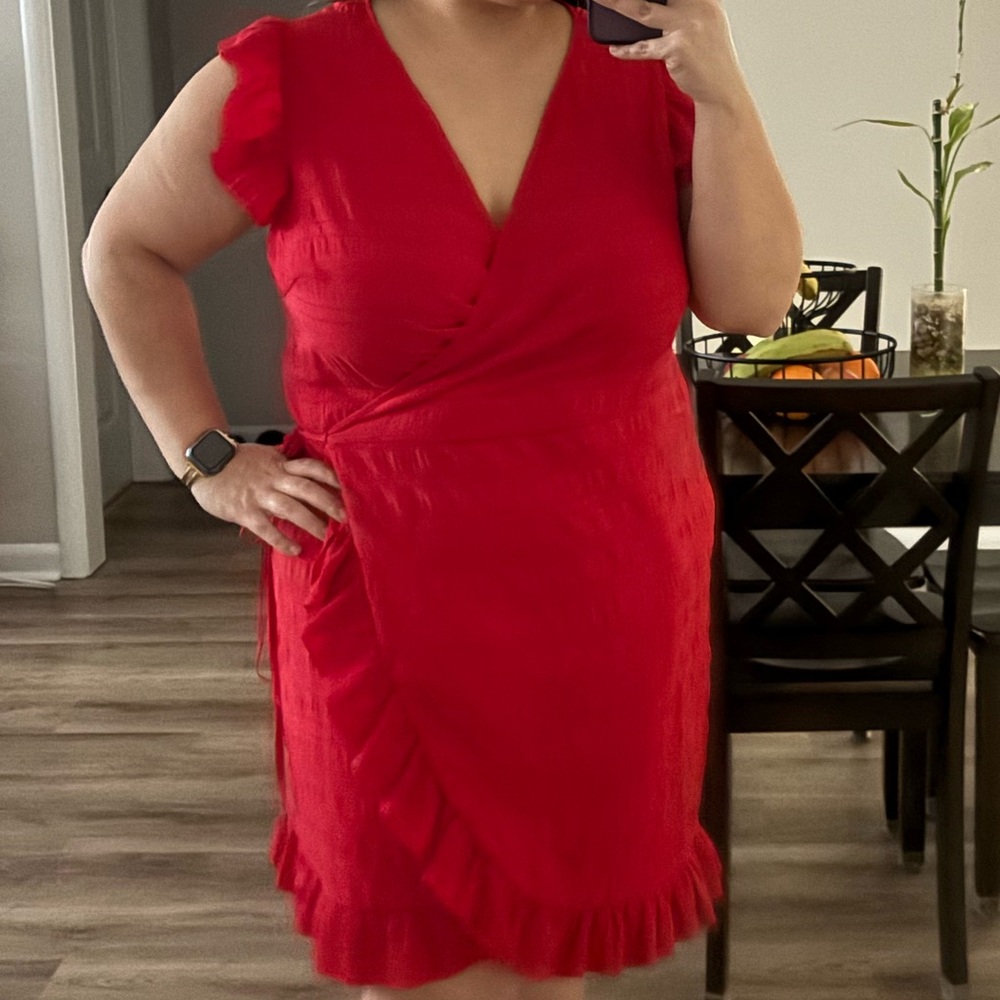 SHEIN Red V-Neck Ruffle Wrap Dress